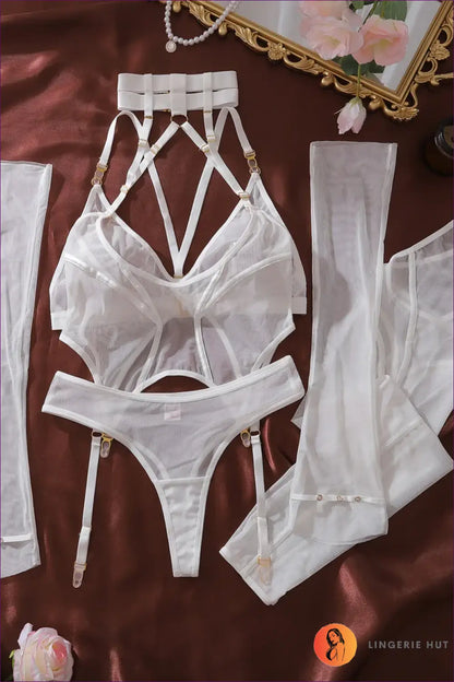 Sheer Mesh Cutout Bodysuit with Garter Detail - White / s - Bra Set - Date Night • Glamour - Lingerie Hut