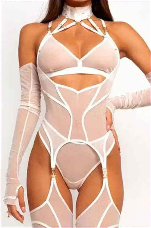 Sheer Bra & Thong Set with Garter Body - Bold but Wearable - All Season • Boudoir • Cutout • Date Night - Lingerie Hut