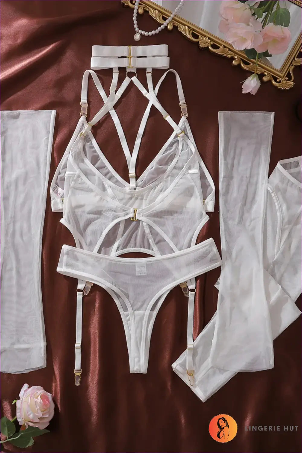 Sheer Mesh Cutout Bodysuit with Garter Detail - Bra Set - Date Night • Glamour - Lingerie Hut