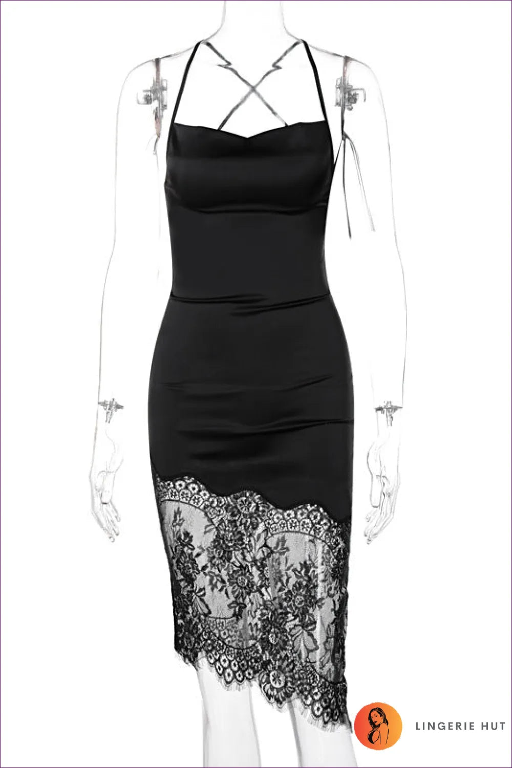 Experience Ethereal Elegance In Our Sheer Cowl Neck Midi Dress. Intricate Lace Front, Cowl Neckline,