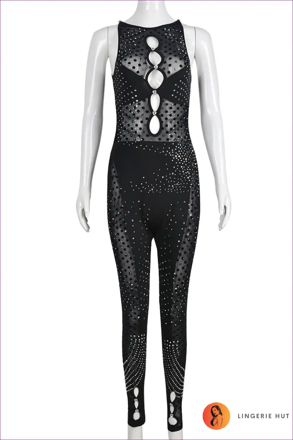 Step Out For a Night On The Town In Our Dazzling Sheer Cut Out Rhinestone Jumpsuit. Featuring Lightweight,