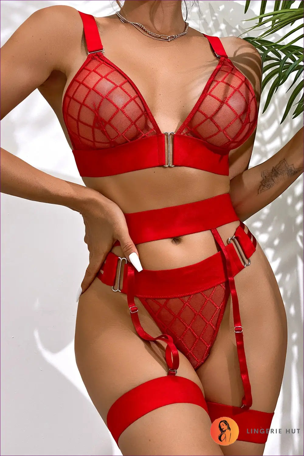 Sheer Cutout Bra Set with Garter - Bold but Wearable - s / Red - Lingerie - Hut - All Season • Boudoir • Clubwear