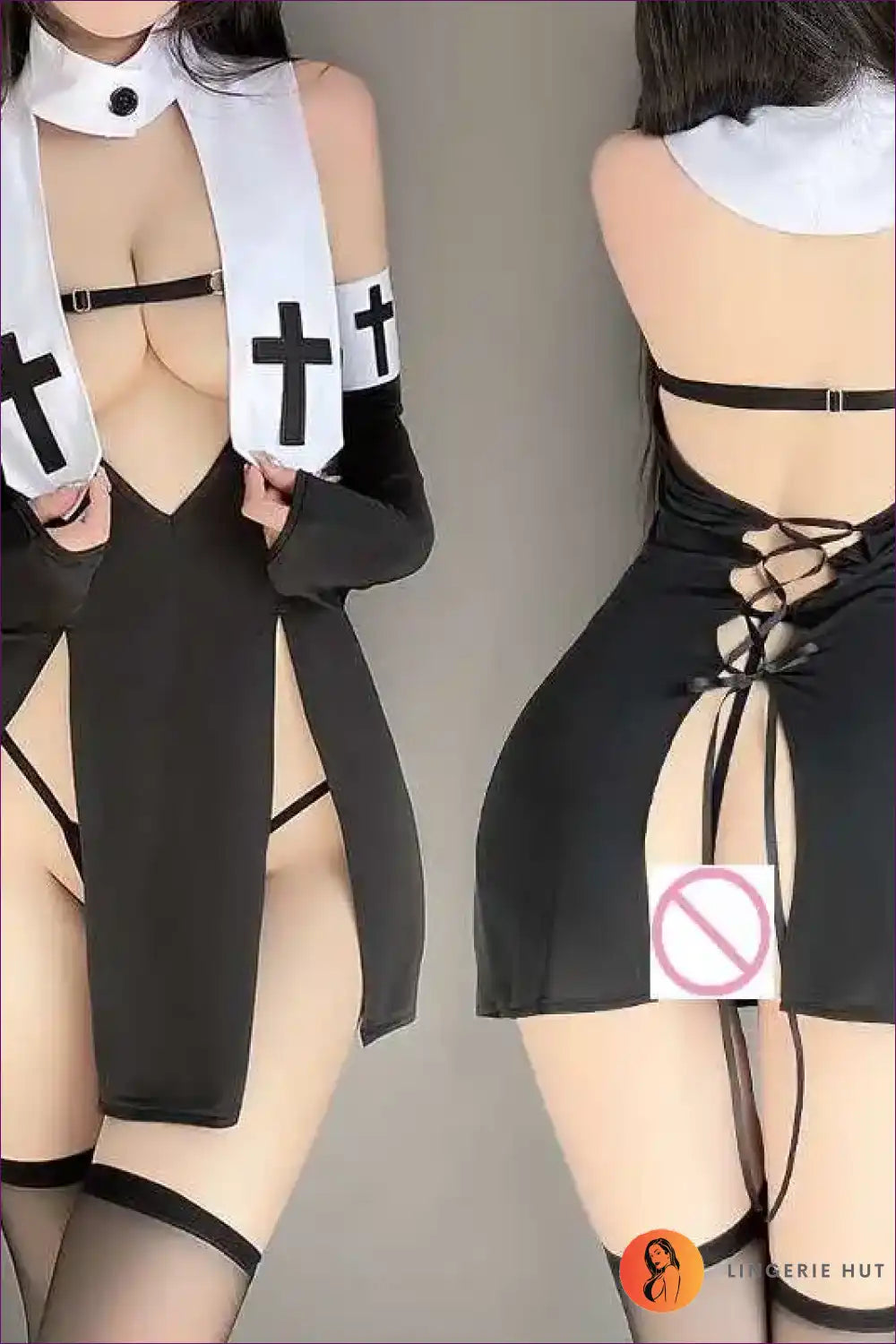 Sheer Cutout Nun Lingerie Dress for Bold Cosplay Nights Clubwear, Costume, Cutout, just In, Mesh