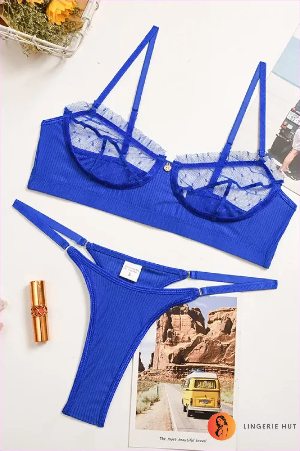 Sheer Dot Mesh Bralette Set with Cage Strap Front - Bold Reveal - Blue / Xxl - Lingerie - just in • Hut