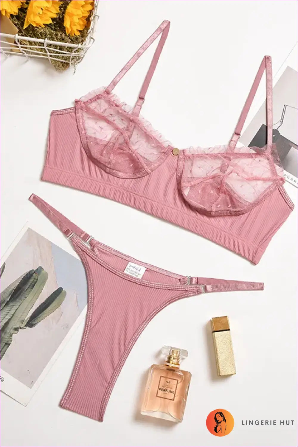Sheer Dot Mesh Bralette Set with Cage Strap Front - Bold Reveal - Pink / m - Lingerie - just in • Hut