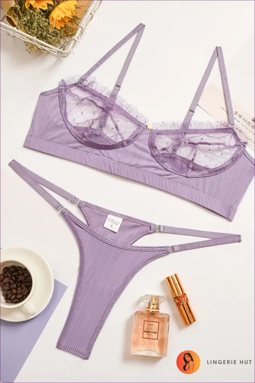 Sheer Dot Mesh Bralette Set with Cage Strap Front - Bold Reveal - Purple / Xxl - Lingerie - just in • Hut