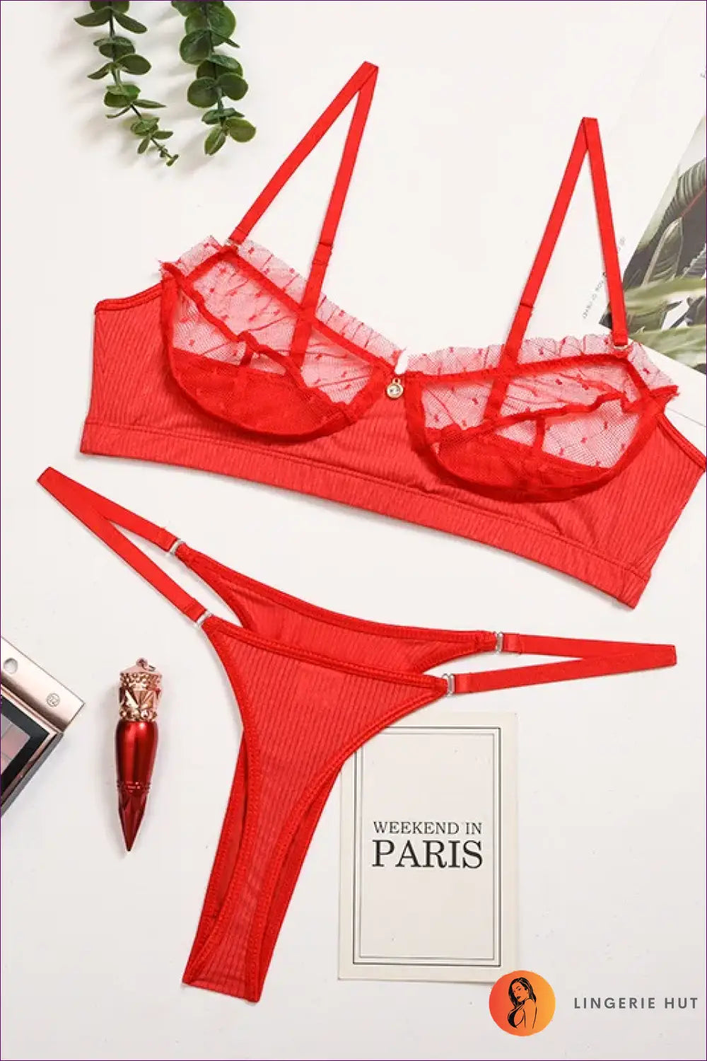 Sheer Dot Mesh Bralette Set with Cage Strap Front - Bold Reveal - Red / s - Lingerie - just in • Hut
