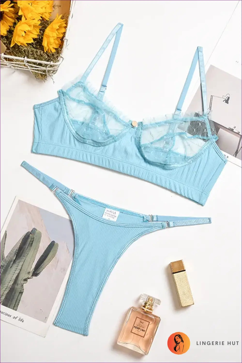 Sheer Dot Mesh Bralette Set with Cage Strap Front - Bold Reveal - Sky Blue / s - Lingerie - just in • Hut