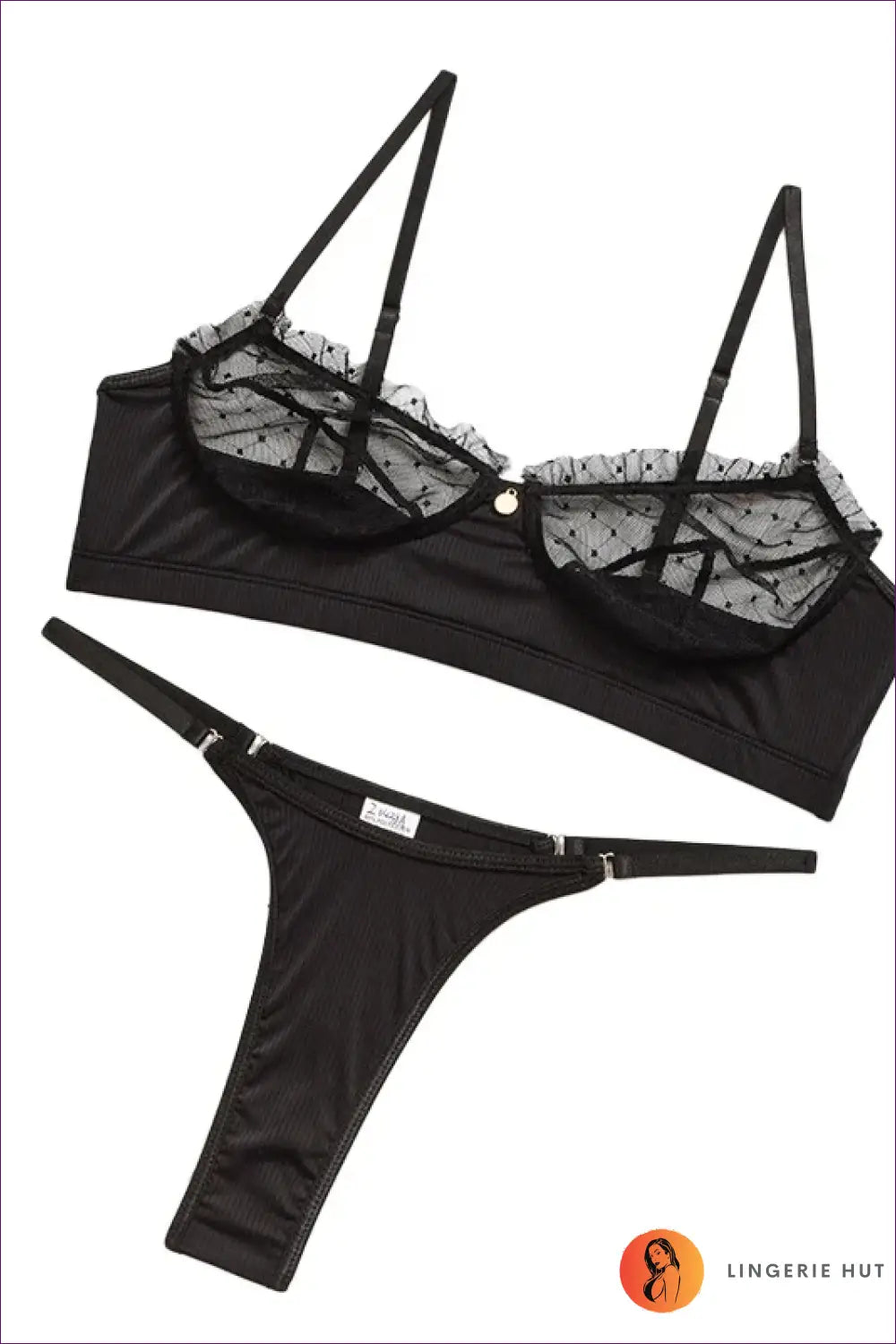 Sheer Dot Mesh Bralette Set with Cage Strap Front - Bold Reveal - Black / m - Lingerie - just in • Hut