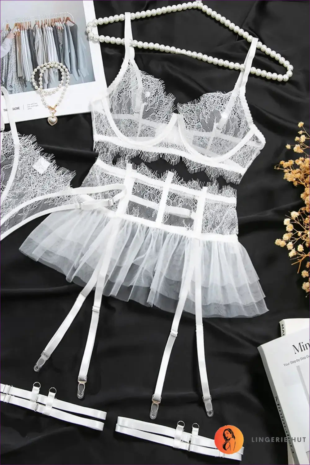 Sheer Eyelash Lace Bra Set with Tulle Skirt - Bold but Wearable - White / s - All Season • Boudoir • Date Night