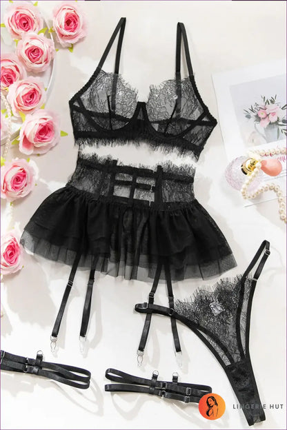 Sheer Eyelash Lace Bra Set with Tulle Skirt - Bold but Wearable - Black / s - All Season • Boudoir • Date Night