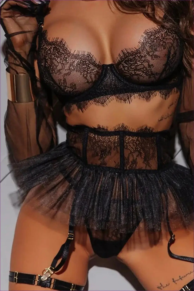 Sheer Eyelash Lace Bra Set with Tulle Skirt - Bold But Wearable