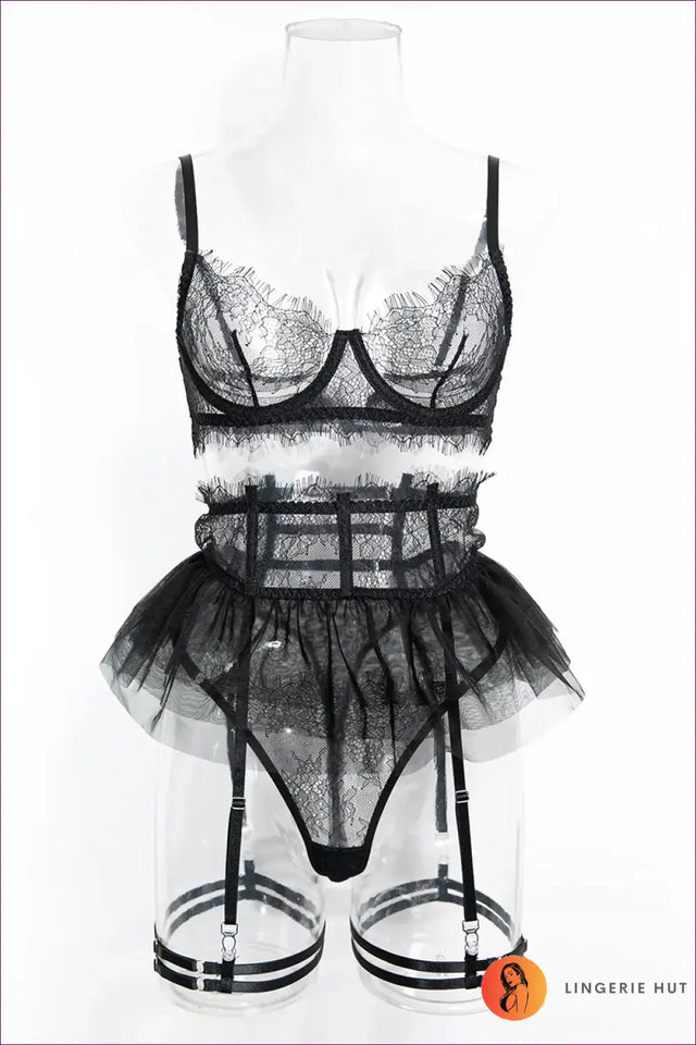 Sheer Eyelash Lace Bra Set with Tulle Skirt - Bold But Wearable