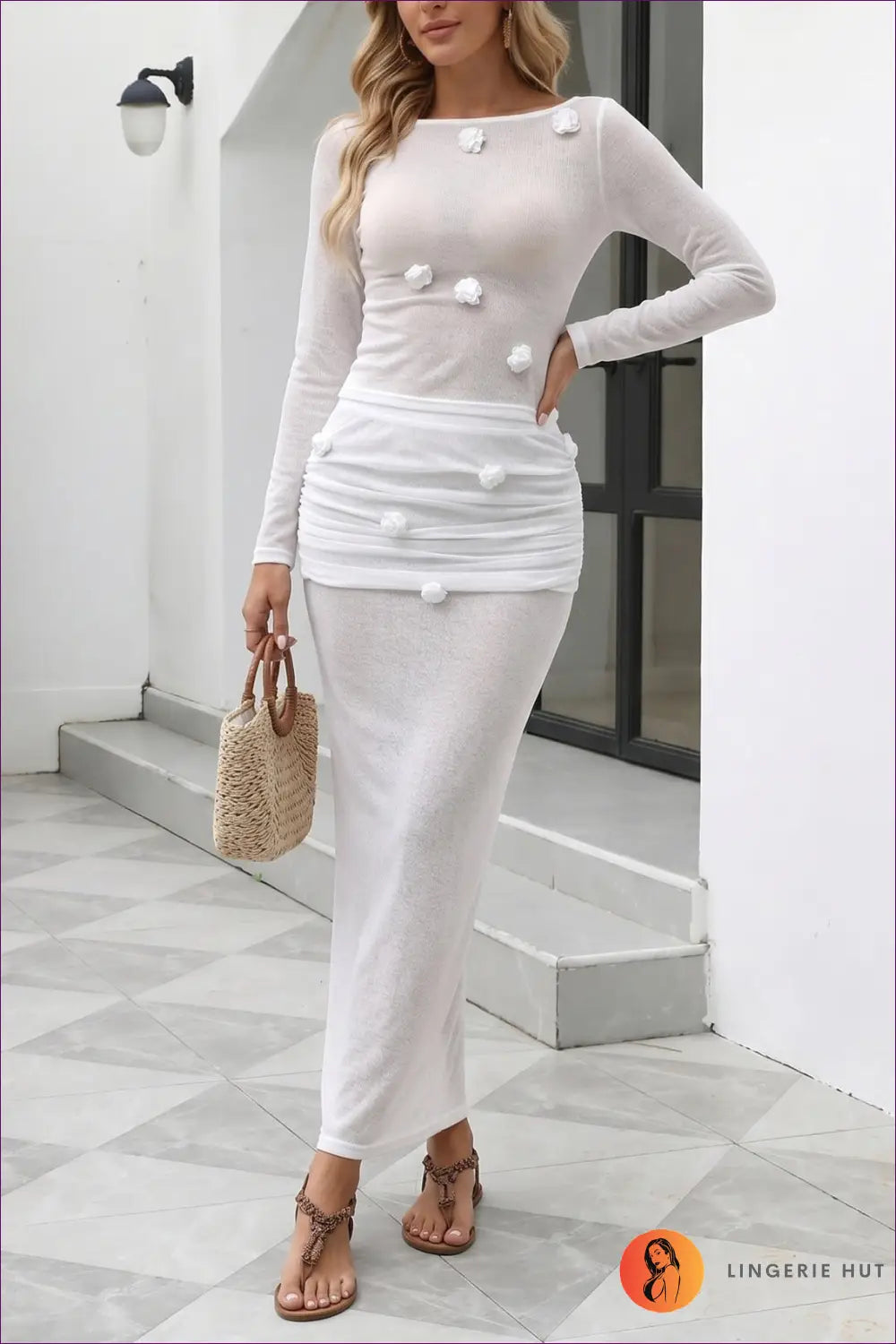 Sheer Floral Applique Maxi Dress with Long Sleeves - Coastal Evenings - s / White - Casual • Dresses • Everyday