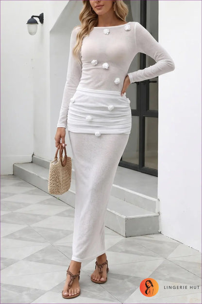 Sheer Floral Applique Maxi Dress with Long Sleeves - Coastal Evenings - s / White - Casual • Dresses • Everyday