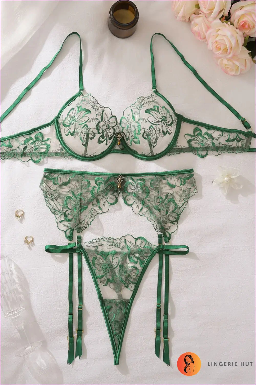 Sheer Floral Embroidery Bra Set - the Festive Night Edit - Green / s - Lingerie Hut - Boudoir • Evening Wear • Garter