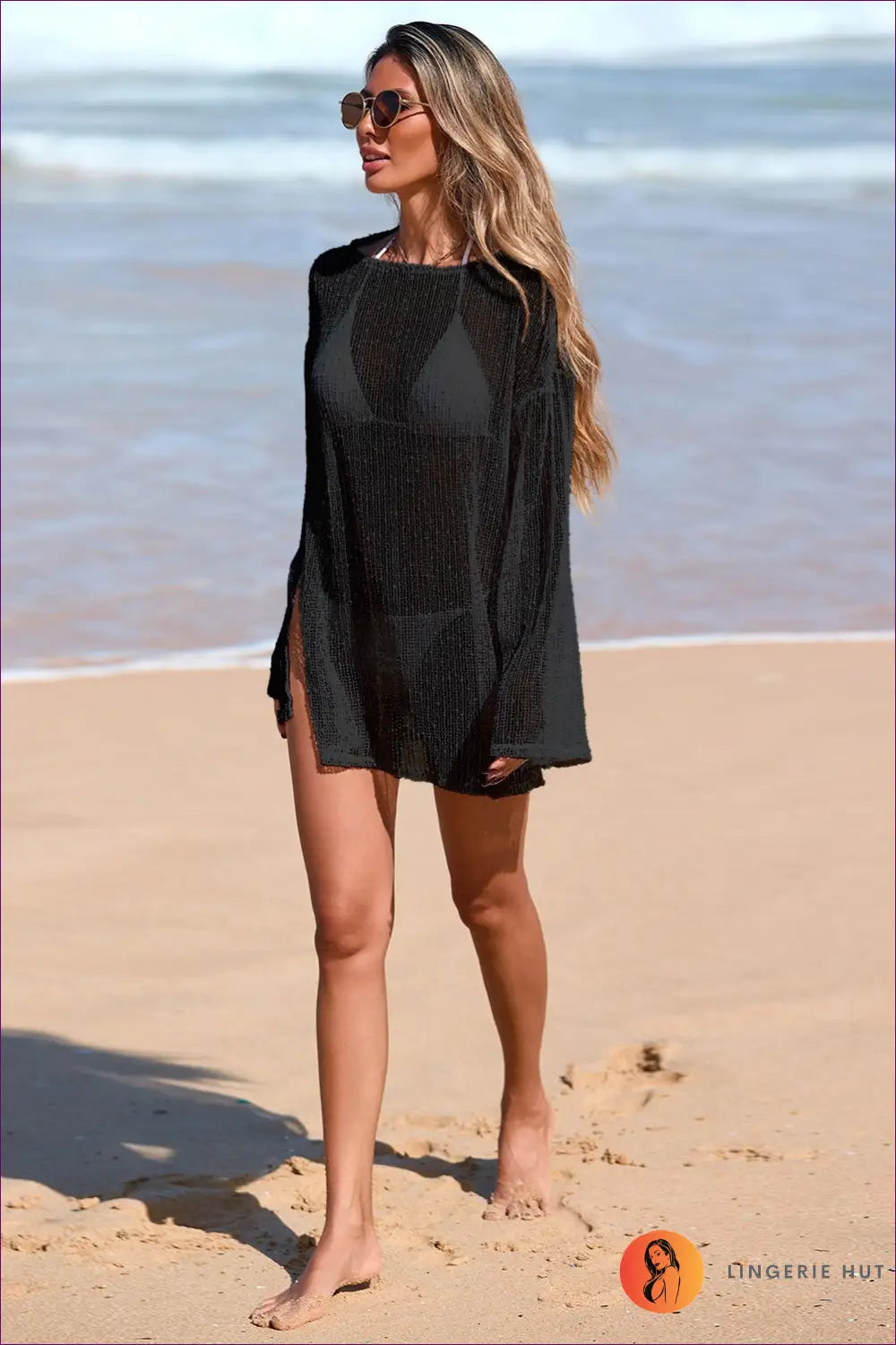Sheer Knit Mesh Cover Up Dress with Side Slits - Sunlit Shoreline - one Size / Black - Beachwear • Boho