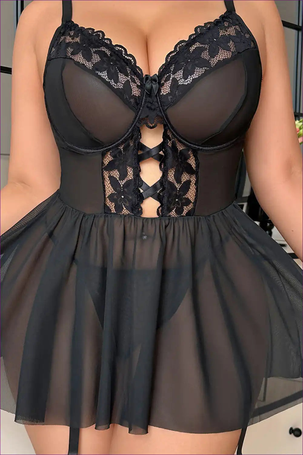 Sheer Lace Babydoll with Cutout and Ruched Detail - Plus Romance for Babydoll, Boudoir, Cutout, Floral,