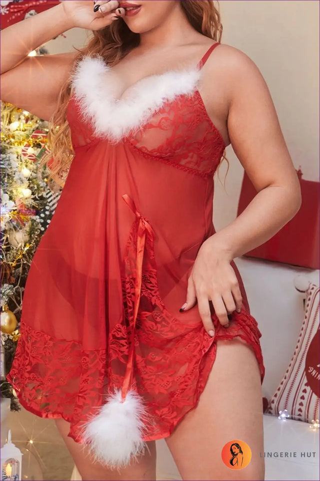 Sheer Lace Babydoll with Feather Trim - Festive Boudoir Edit