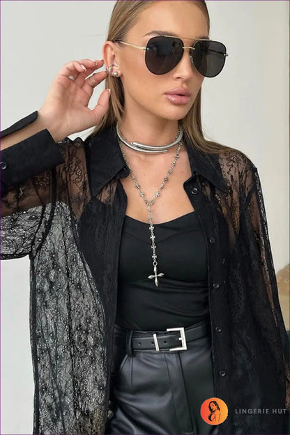 Sheer Lace Button-down Top - Edgy Night out Glam - Clothing Tops - Lingerie Hut - Autumn • Blouse • Clubwear • Glamour