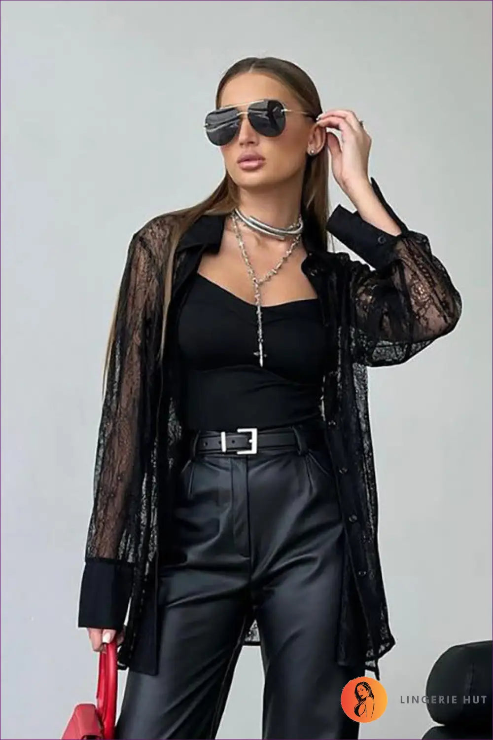 Sheer Lace Button-down Top - Edgy Night out Glam - s / Black - Clothing Tops - Lingerie Hut - Autumn • Blouse