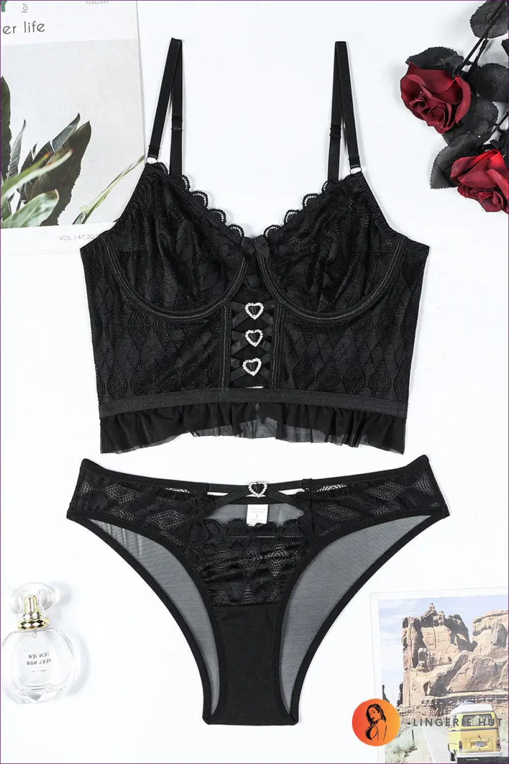 Sheer Lace Cutout Bra Set - Bold but Wearable - s / Black - Lingerie Hut - All Season • Boudoir • Date Night