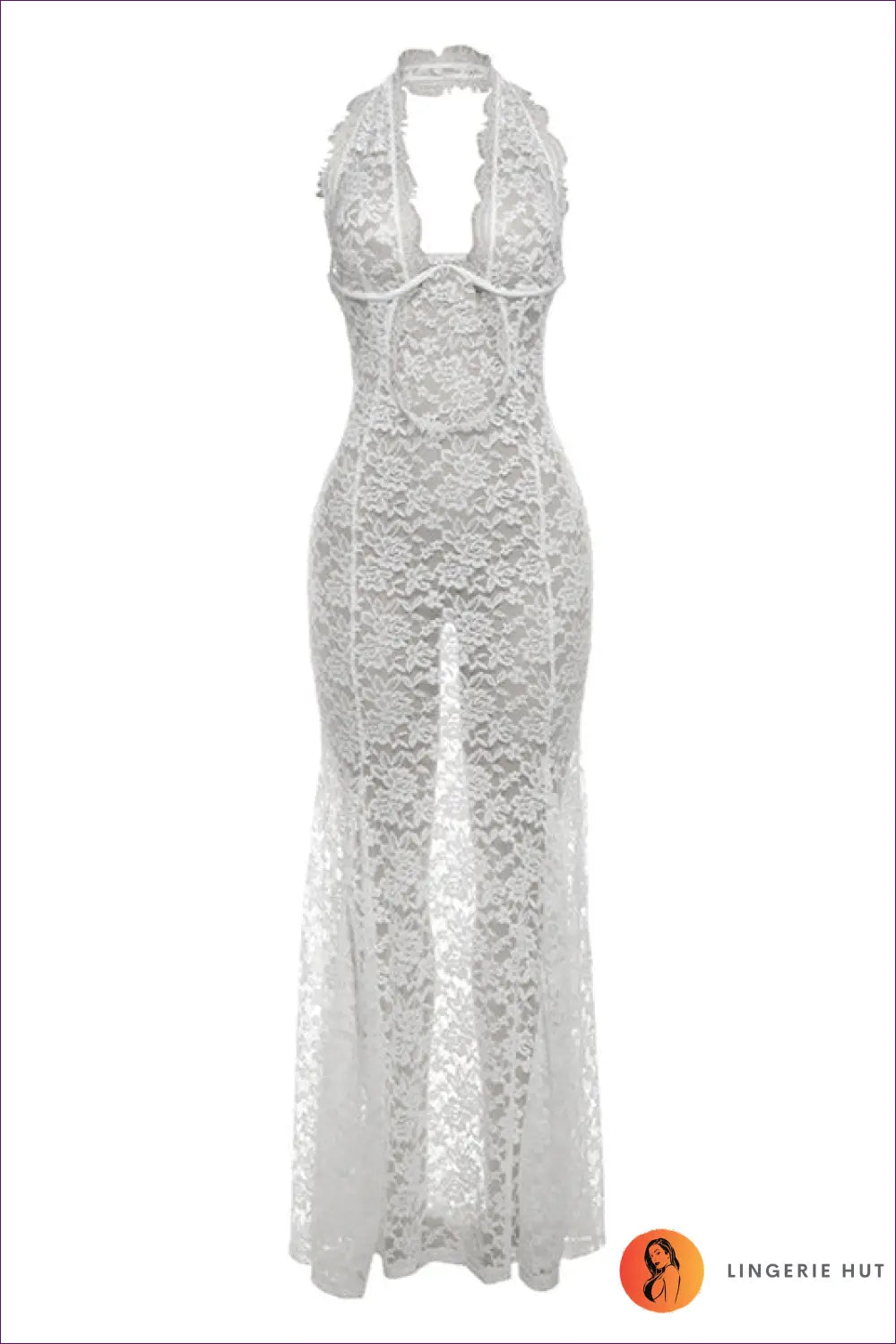 Sheer Lace Maxi Dress with Halter Neck - Understated Glamour - s / White - Dresses - Lingerie Hut - Bridal • Evening