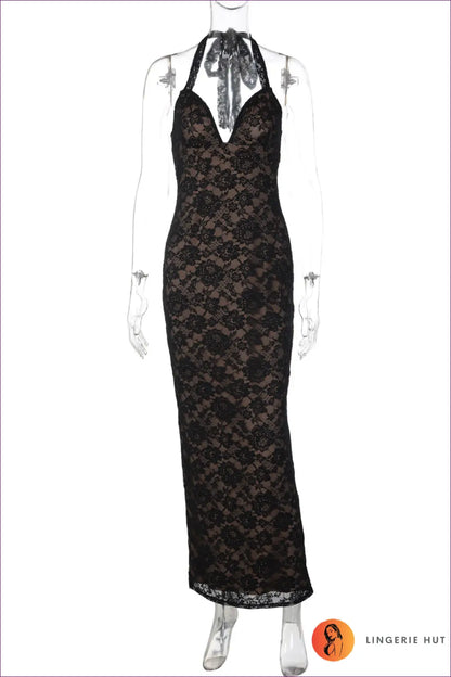 Sheer Lace Maxi Dress with Plunge Halter - not your Basic Party - s / Black - Dresses - Lingerie Hut - Backless
