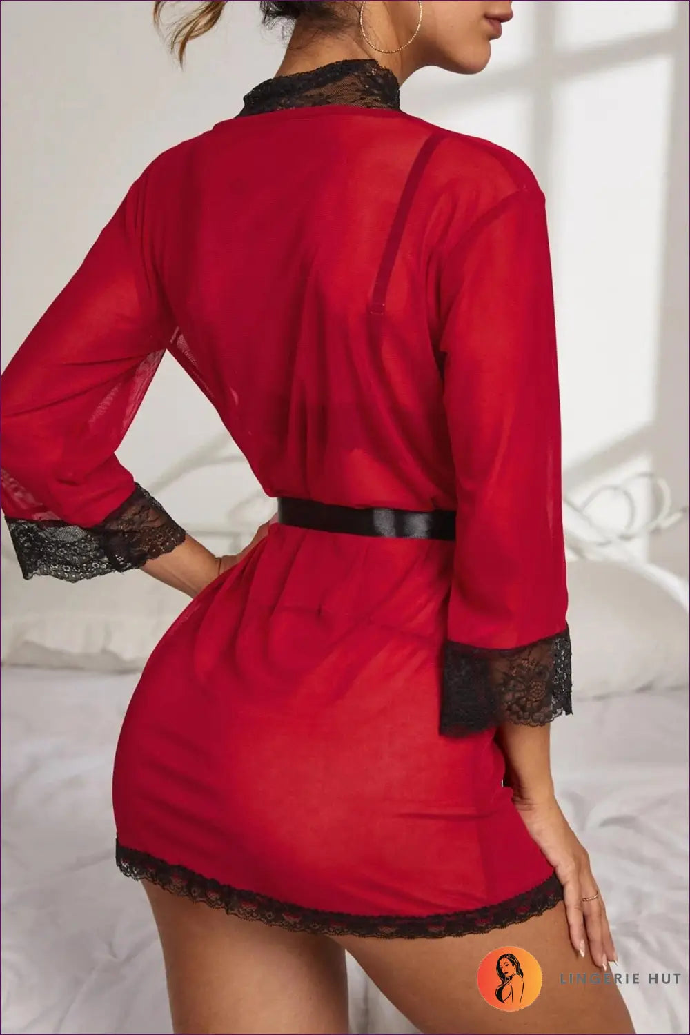 Sheer Lace Robe with Floral Trim - the Honeymoon Edit - Robes - Lingerie Hut - All Season • Boudoir • Bridal