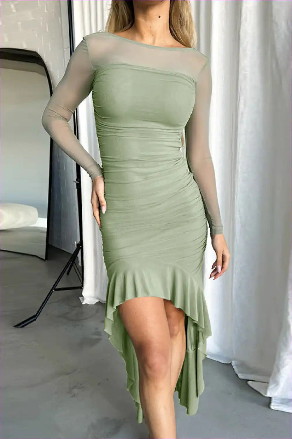 Sheer Long-sleeve Ruched Midi Dress - Sophisticated Sage for Bodycon, Date Night, Dress, Glamour,