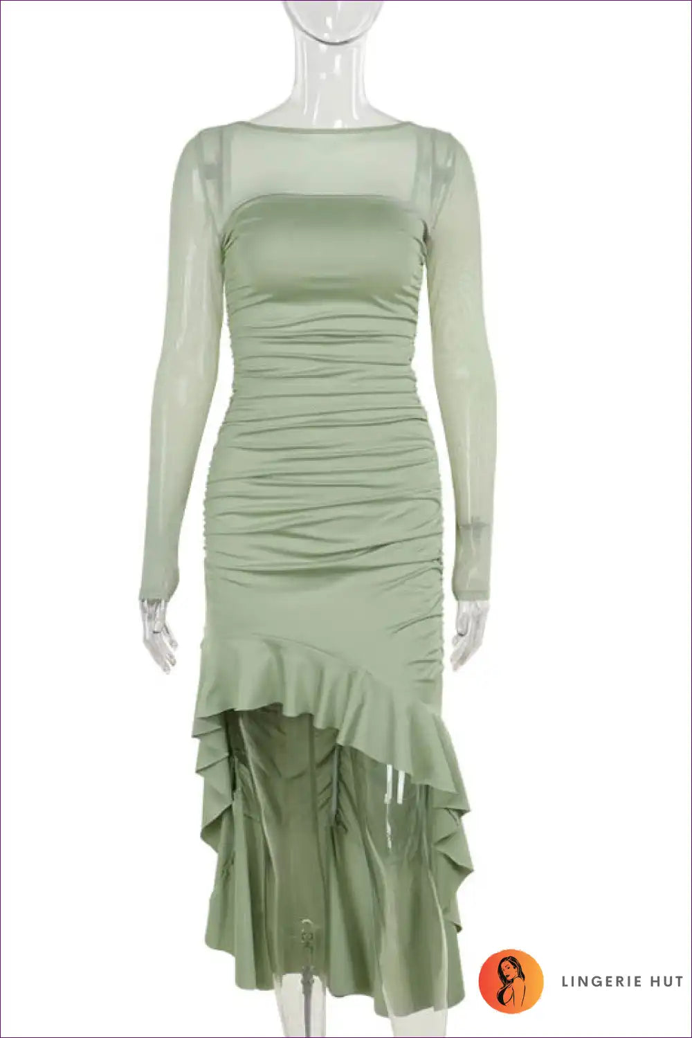 Sheer Long-sleeve Ruched Midi Dress - Sophisticated Sage for Bodycon, Date Night, Dress, Glamour,