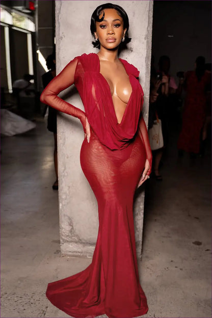 Sheer Maxi Dress with Cowl Neck - After-dark Glamour - Bodysuit - Lingerie Hut - Autumn • Bodycon • Evening Wear