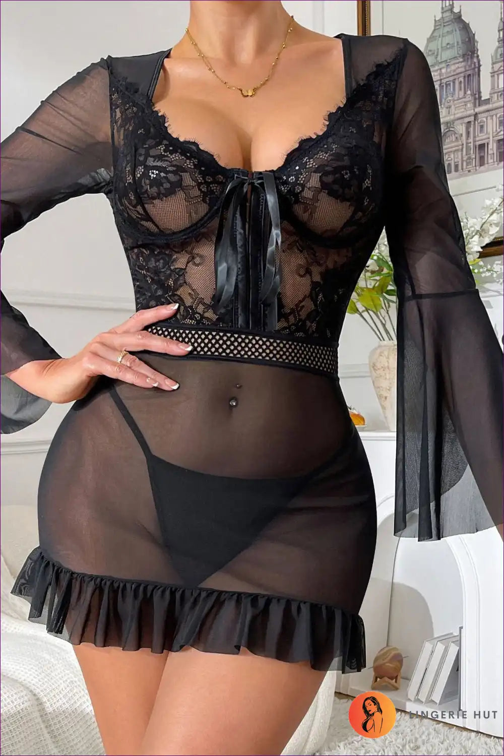Sheer Mesh Babydoll with Lace Ruffles and Bell Sleeves