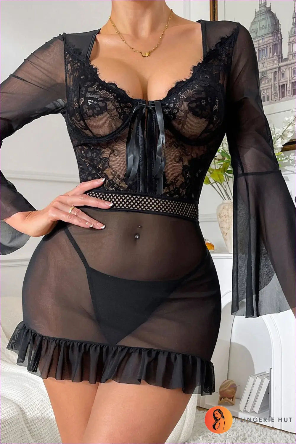Sheer Mesh Babydoll with Lace Ruffles - Boudoir Allure - Lingerie Hut - All Season • Lace