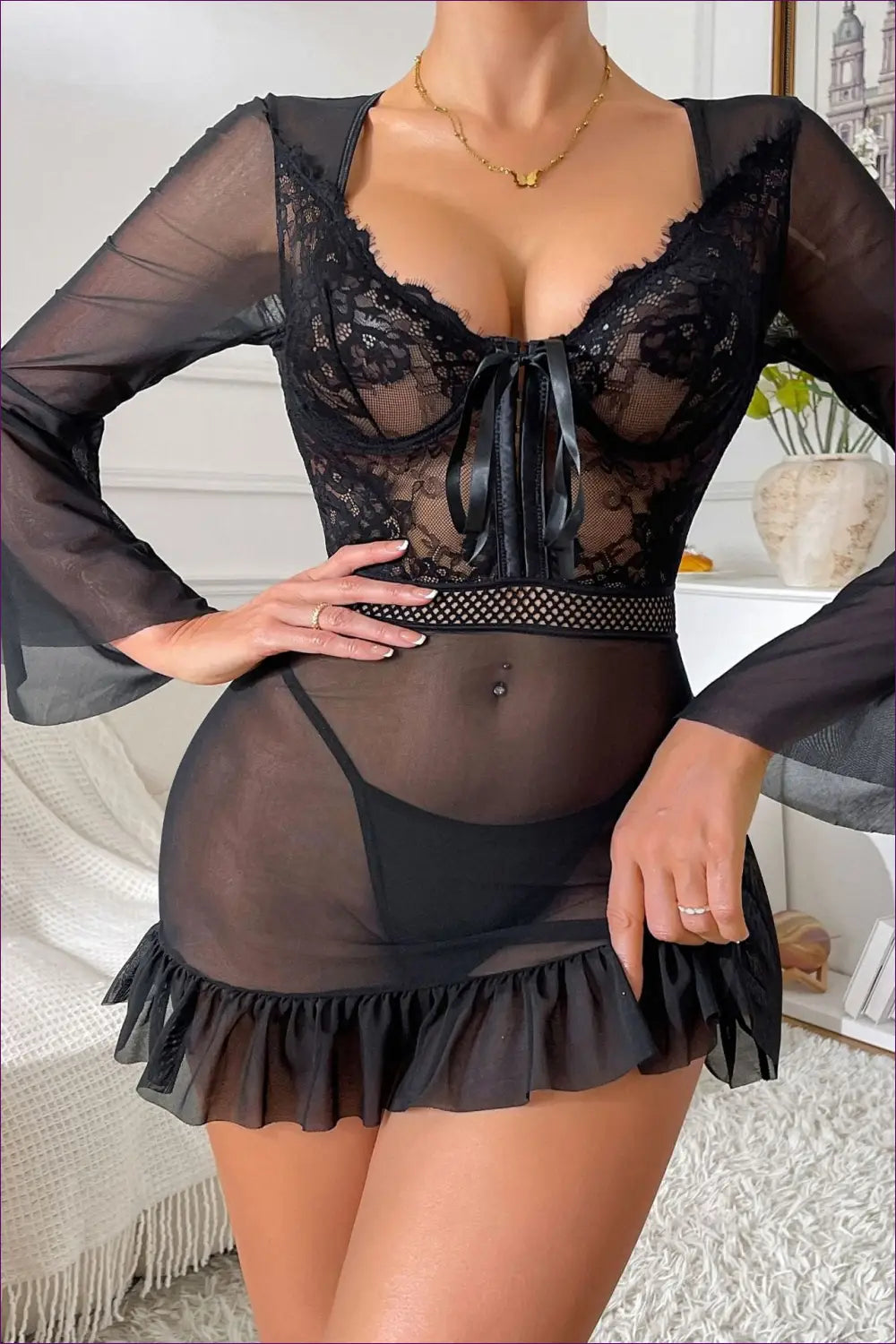 Sheer Mesh Babydoll with Lace Ruffles - Boudoir Allure - Lingerie Hut - All Season • Lace