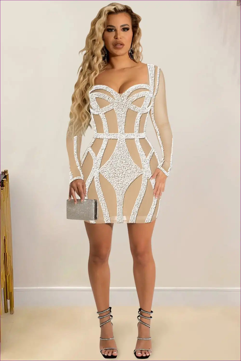 Sheer Mesh Bodycon with Rhinestone Details - Party Glam for Bodycon, Clubwear, Date Night, Evening Wear,