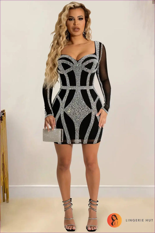 Sheer Mesh Bodycon with Rhinestone Details - Party Glam for Bodycon, Clubwear, Date Night, Evening Wear,