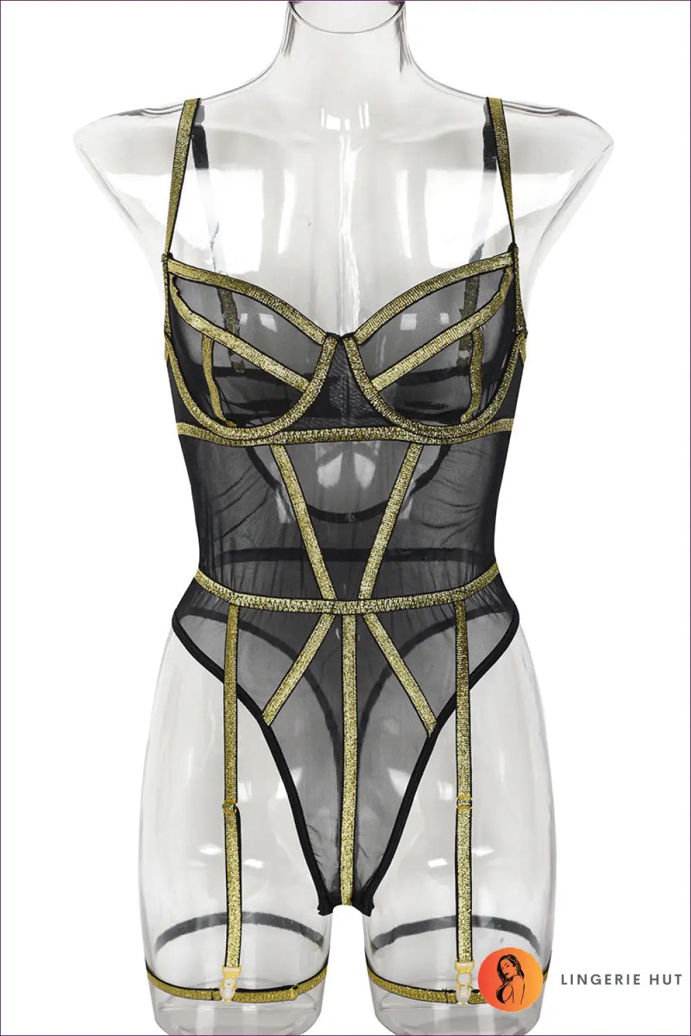 Sheer Mesh Bodysuit with Cutout Back - Bold but Wearable - s / Gold - Lingerie - Hut - All Season • Backless • Boudoir