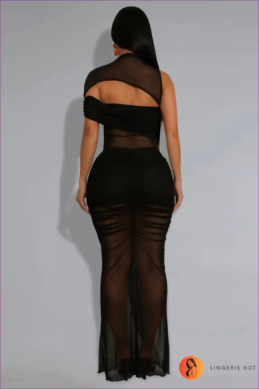Sheer Mesh Cutout Maxi Dress with Asymmetric Neck - Bold Night out for Bodycon, Clubwear, Cutout, Evening