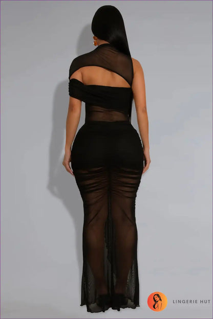 Sheer Mesh Cutout Maxi Dress with Asymmetric Neck - Bold Night out for Bodycon, Clubwear, Cutout, Evening