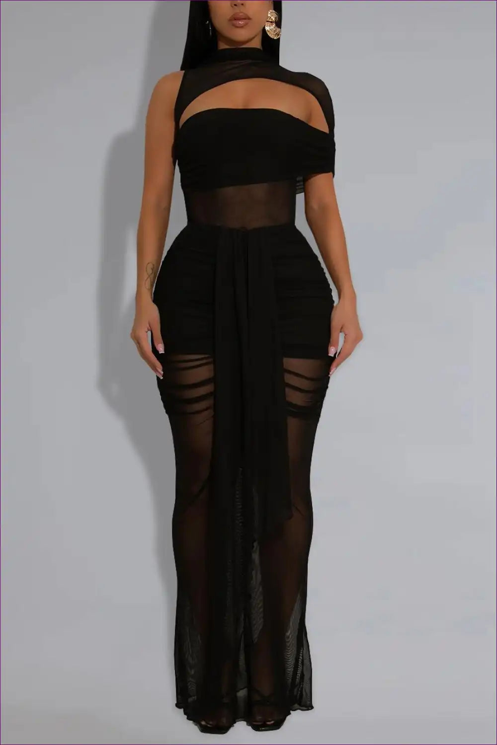 Sheer Mesh Cutout Maxi Dress with Asymmetric Neck - Bold Night out for Bodycon, Clubwear, Cutout, Evening