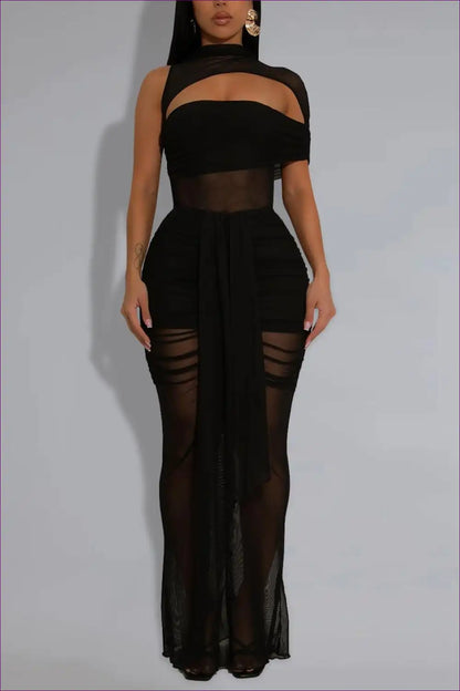 Sheer Mesh Cutout Maxi Dress with Asymmetric Neck - Bold Night out for Bodycon, Clubwear, Cutout, Evening