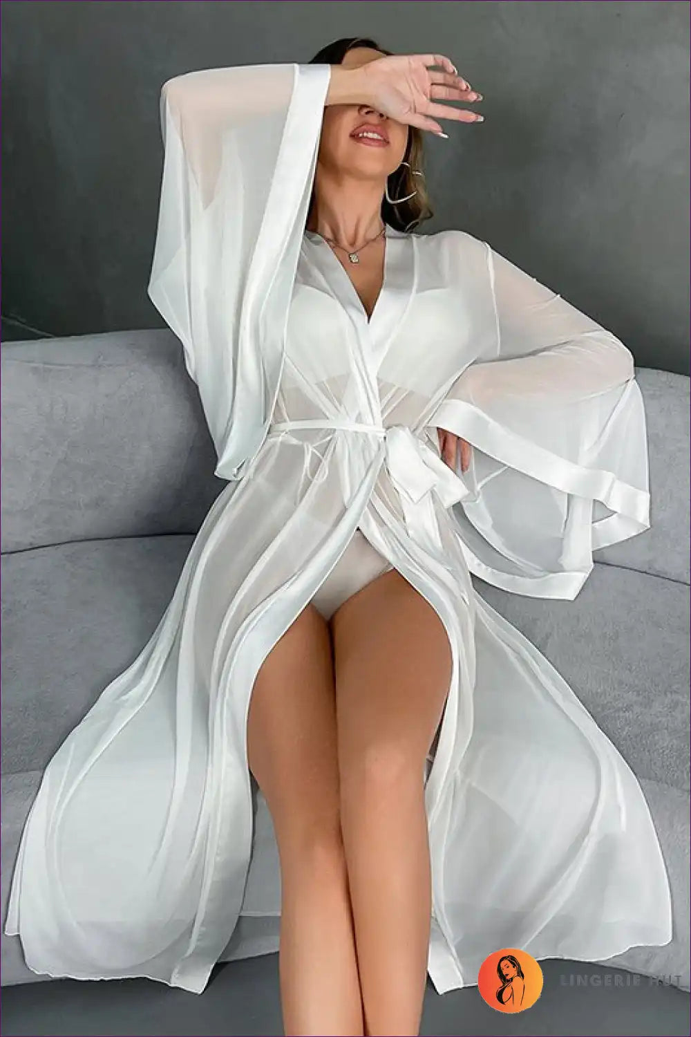 Sheer Mesh Maxi Robe with Belted Waist - Elegant Layering for All Season, Boudoir, Bridal, Evening Wear,