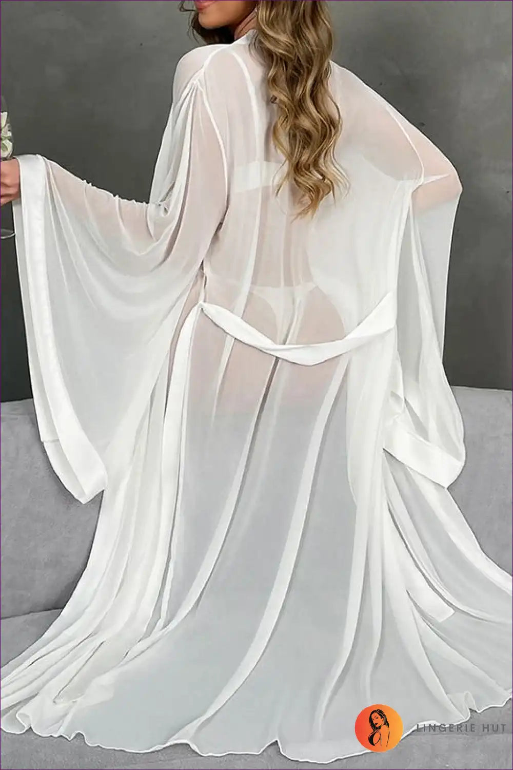 Sheer Mesh Maxi Robe with Belted Waist - Elegant Layering for All Season, Boudoir, Bridal, Evening Wear,