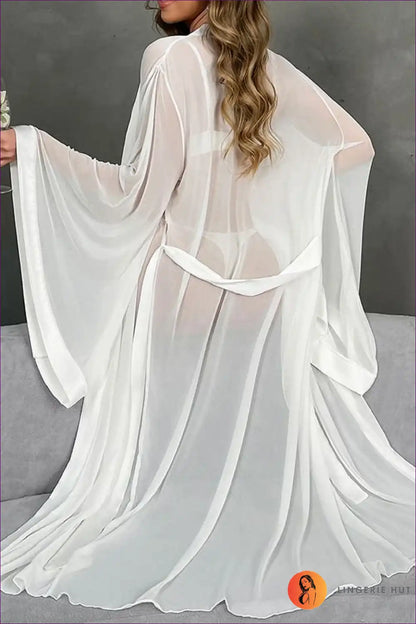 Sheer Mesh Maxi Robe with Belted Waist - Elegant Layering for All Season, Boudoir, Bridal, Evening Wear,