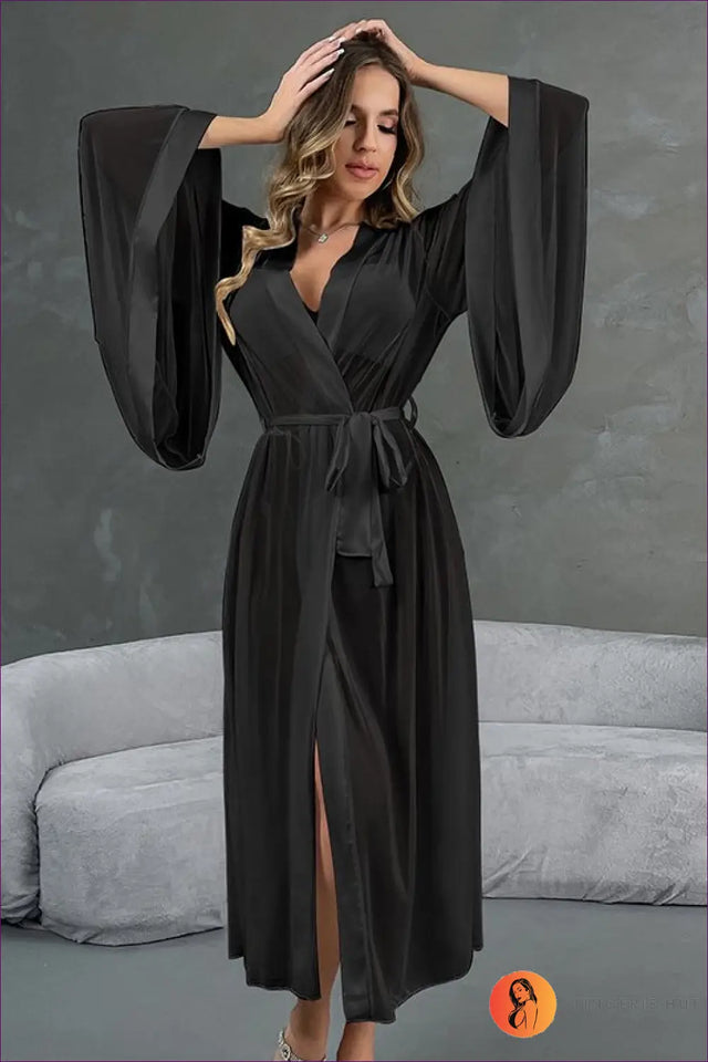 Satin Maxi Robe with Belted Waist - Elegant Layering