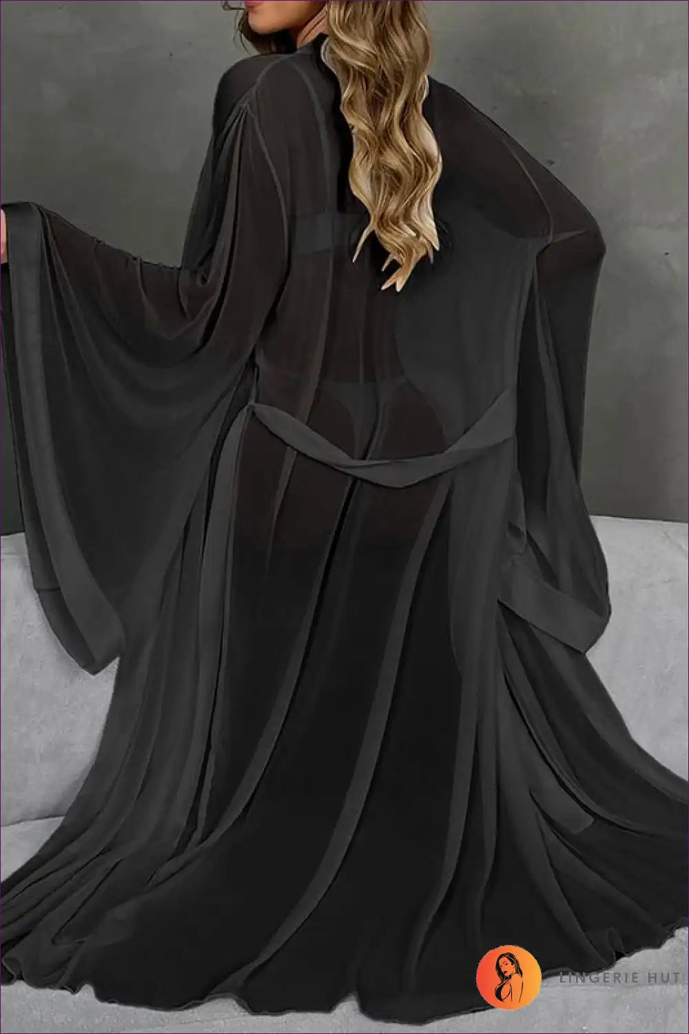 Sheer Mesh Maxi Robe with Belted Waist - Elegant Layering for All Season, Boudoir, Bridal, Evening Wear,