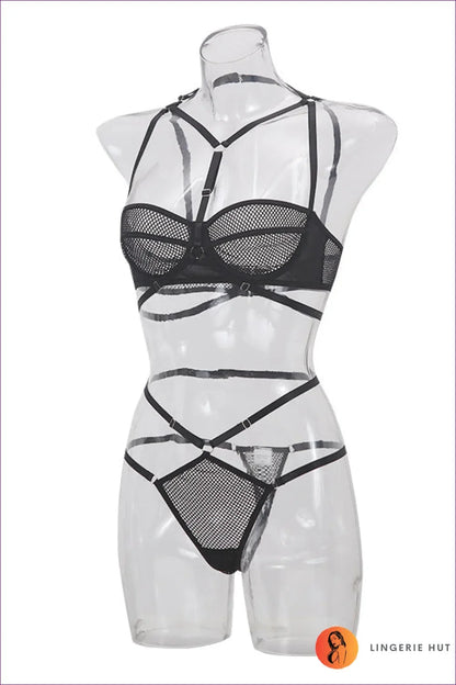 Discover The Perfect Blend Of Comfort And Sexiness With Our Sheer Mesh Strappy Bra Set. Seamless Cups,