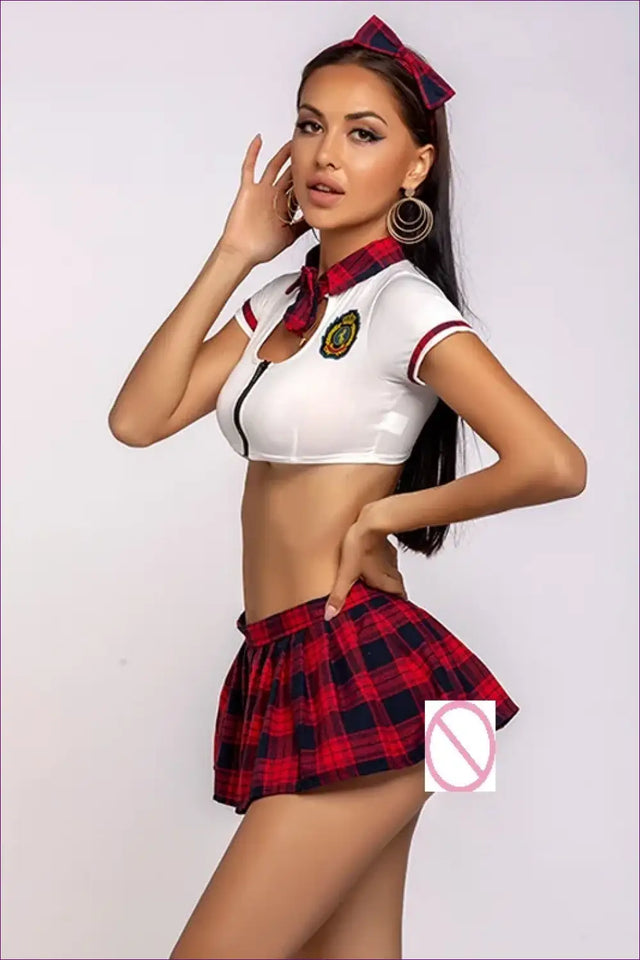 Schoolgirl Plaid Skirt and Zip-Front Top Costume Set