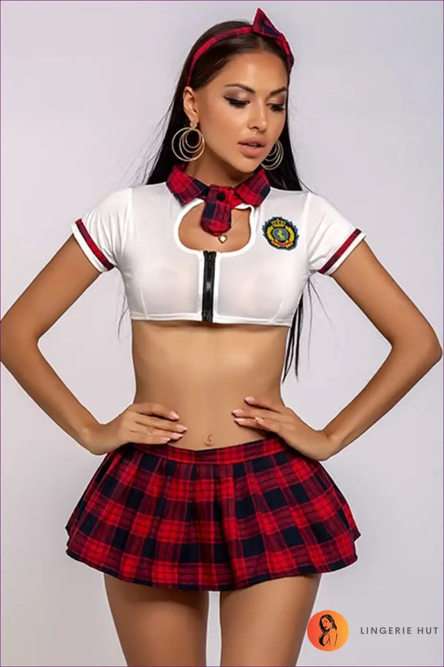 Schoolgirl Plaid Skirt and Zip-Front Top Costume Set